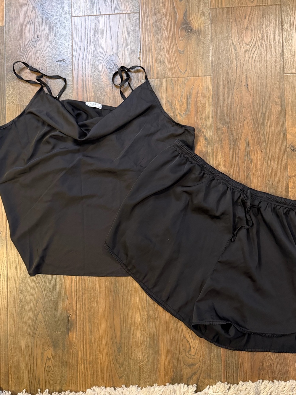Black Satin Cowl Neck Pajama Set - Top & Shorts